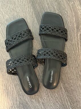 Calvin Klein Black Woven Double-Strap Slide Sandals